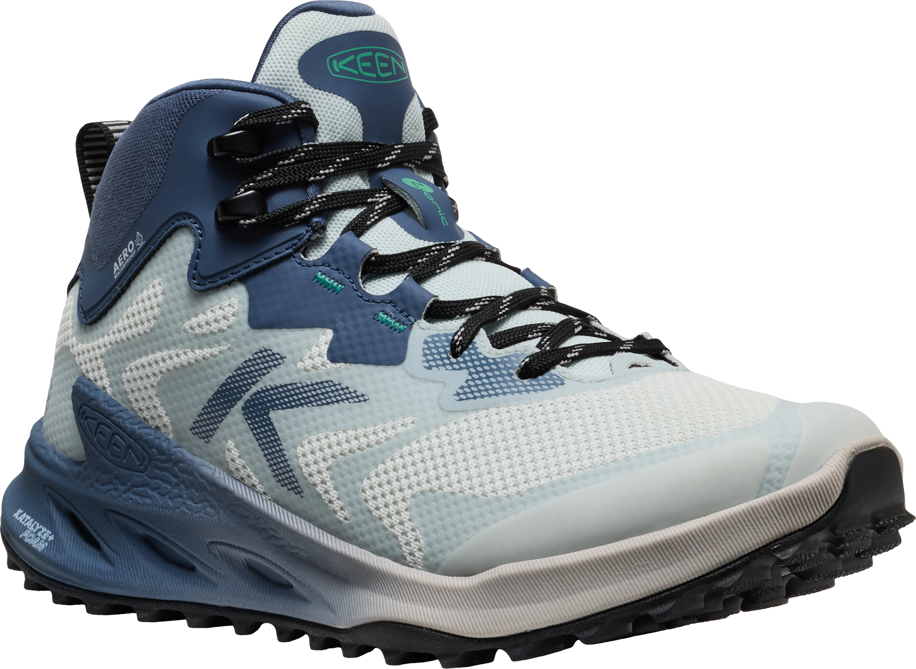 A light blue and navy KEEN hiking shoe with black laces, a textured mesh upper, and a rugged rubber sole designed for trail use.