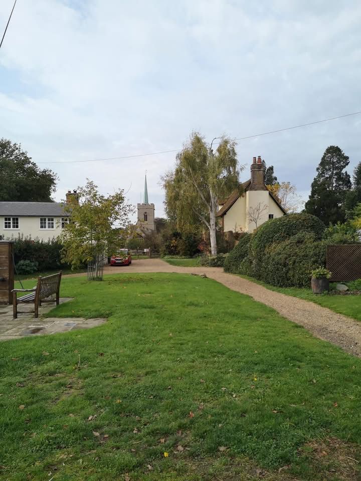 View of church through houses