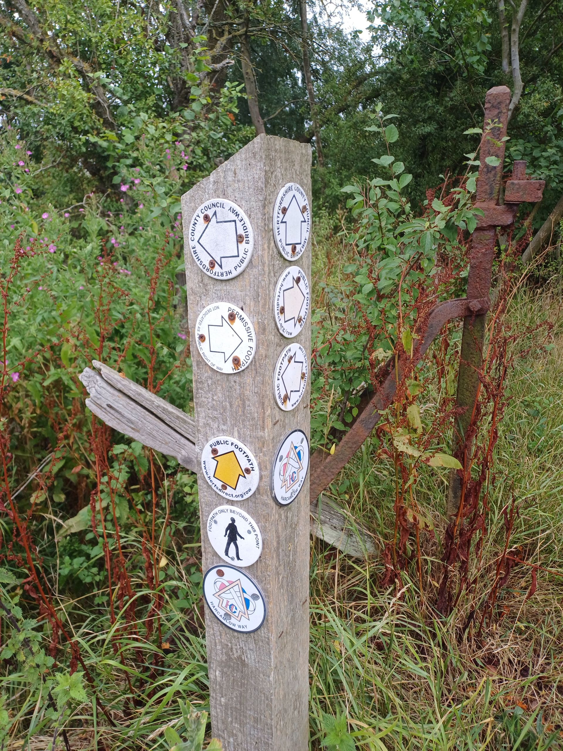 Post with footpath signs