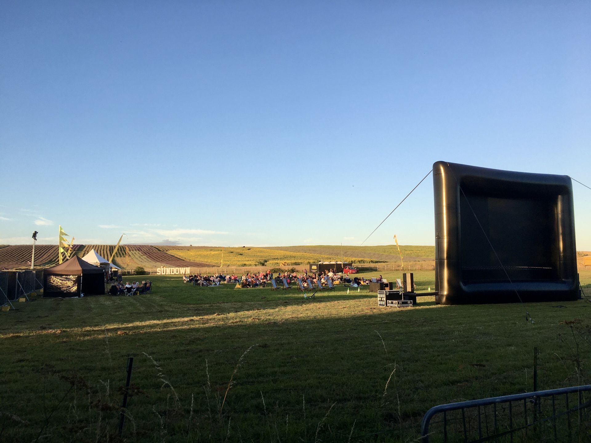 A field with an outdoor cinema screen at a lavender farm