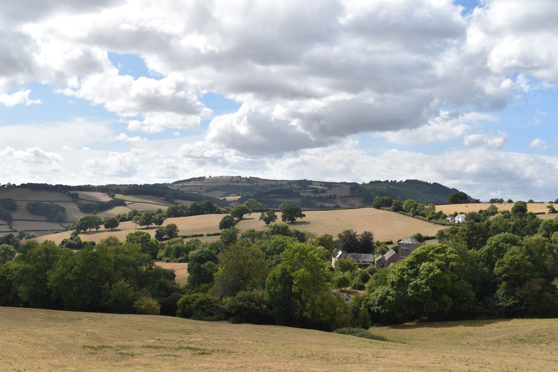View looking back with the church in the foreground and Garway hill in the distance 