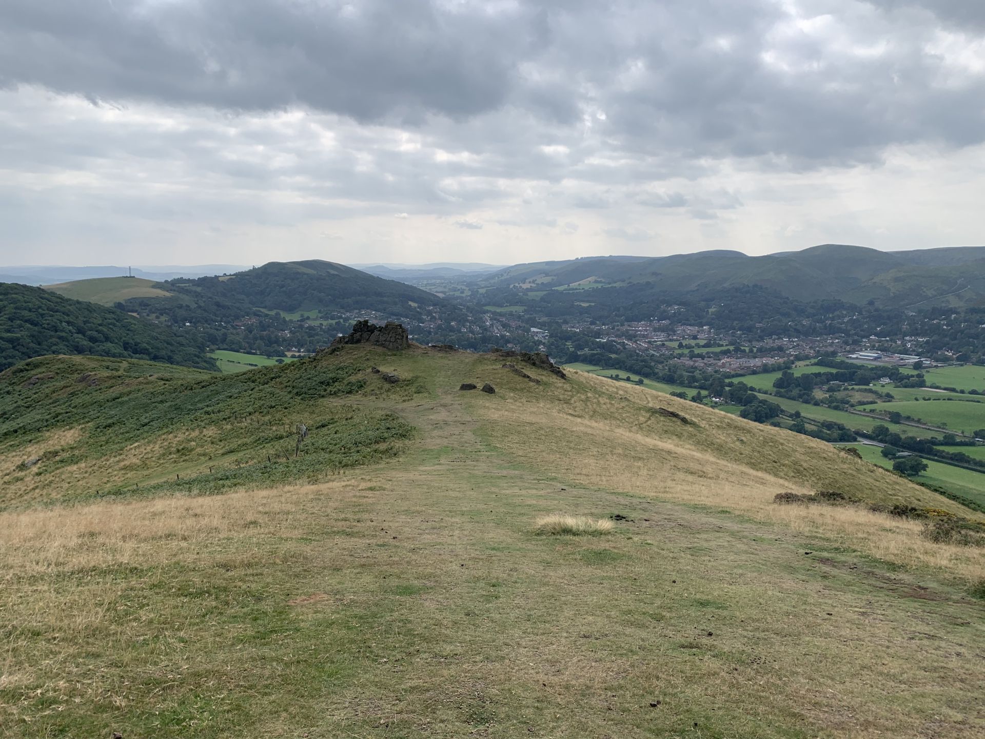 The finger rocks and Church Stretton in the distance.