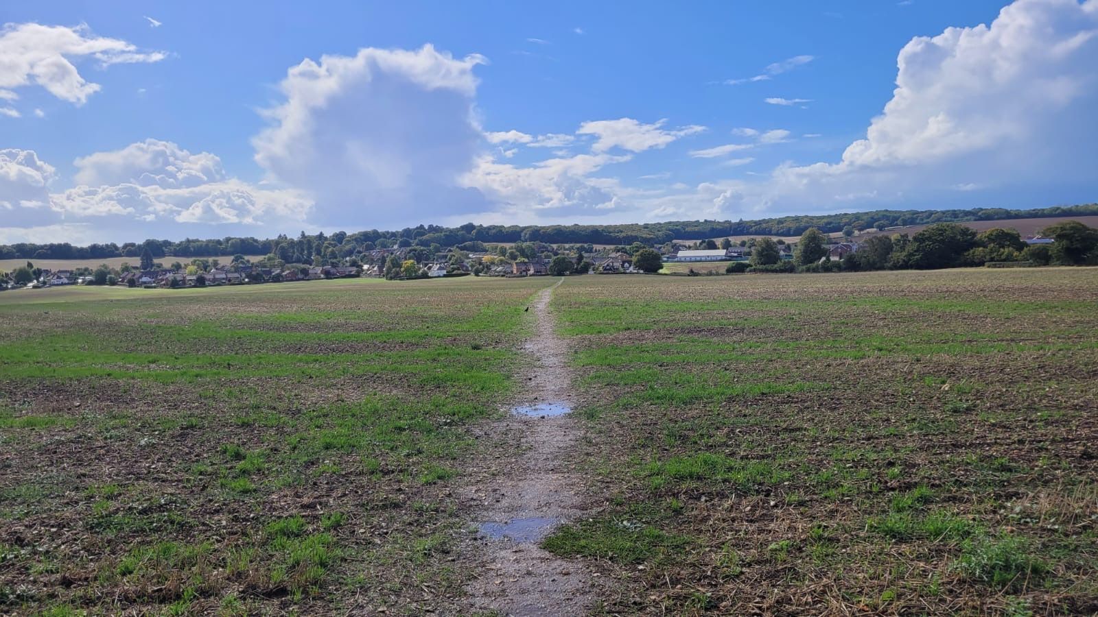 A path across a field with a view of a village beyond 