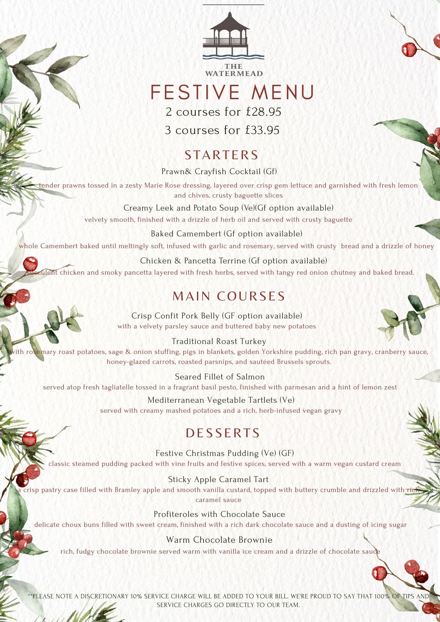 This is the Watermead's 2025 Christmas Menu