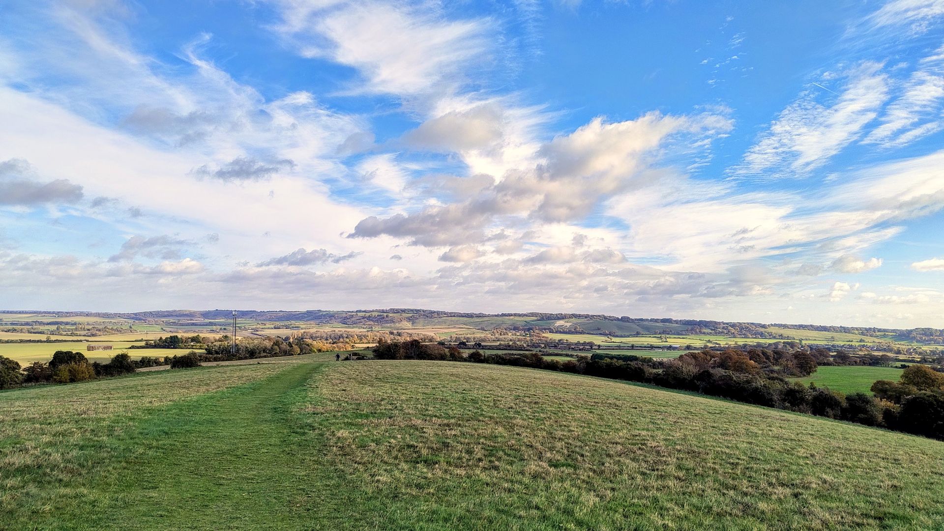 A view along a grassy ridge towards the Whipsnade Lion