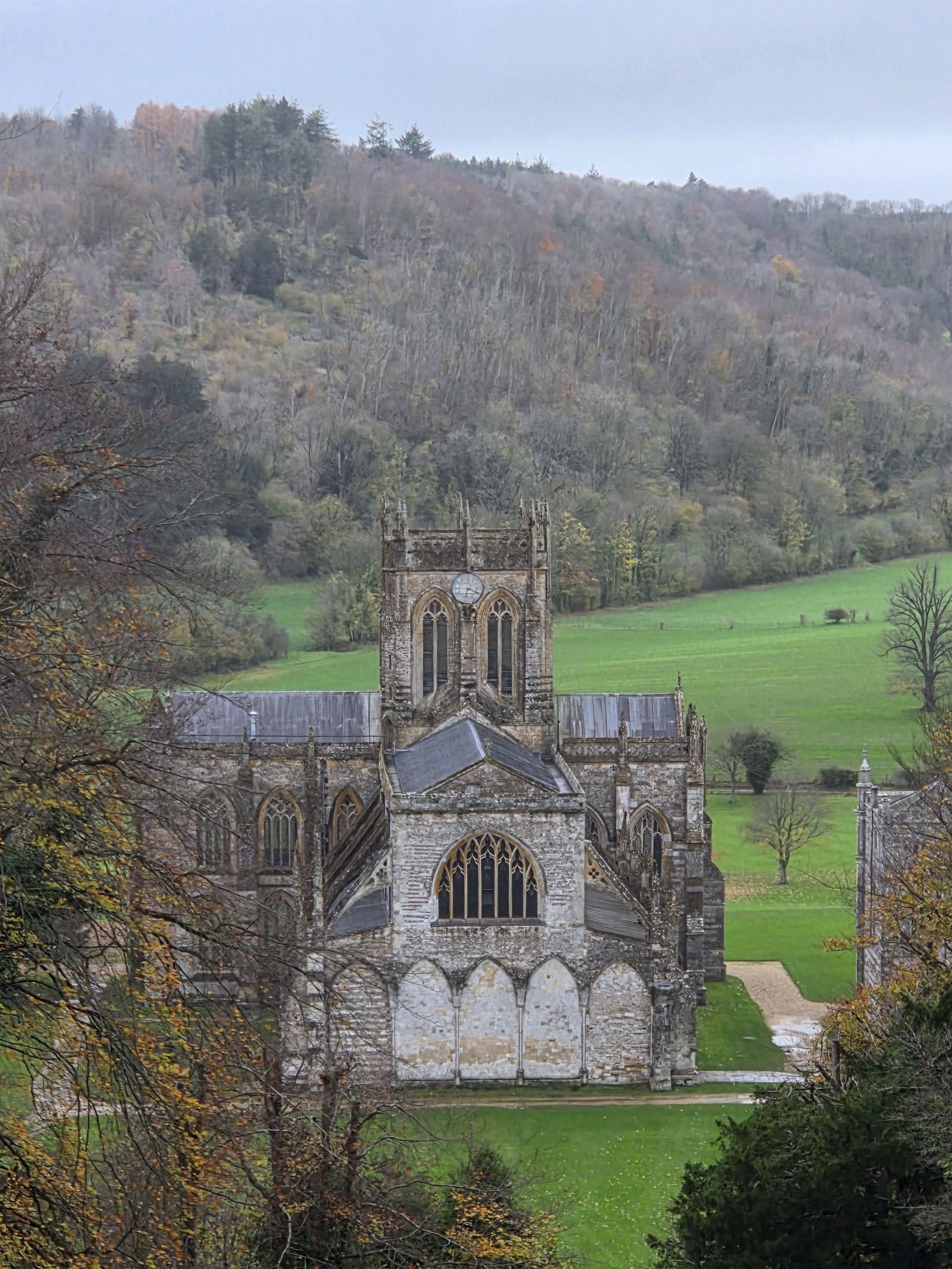 High view across valley to Milton Abbey