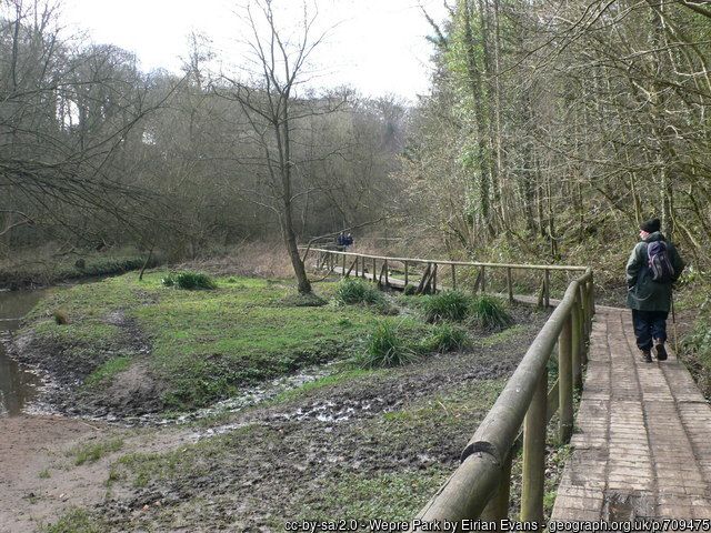 Man in hiking gear walking along a boardwalk next to Wepre Brook in Wepre Park, Connah's Quay, Flintshire