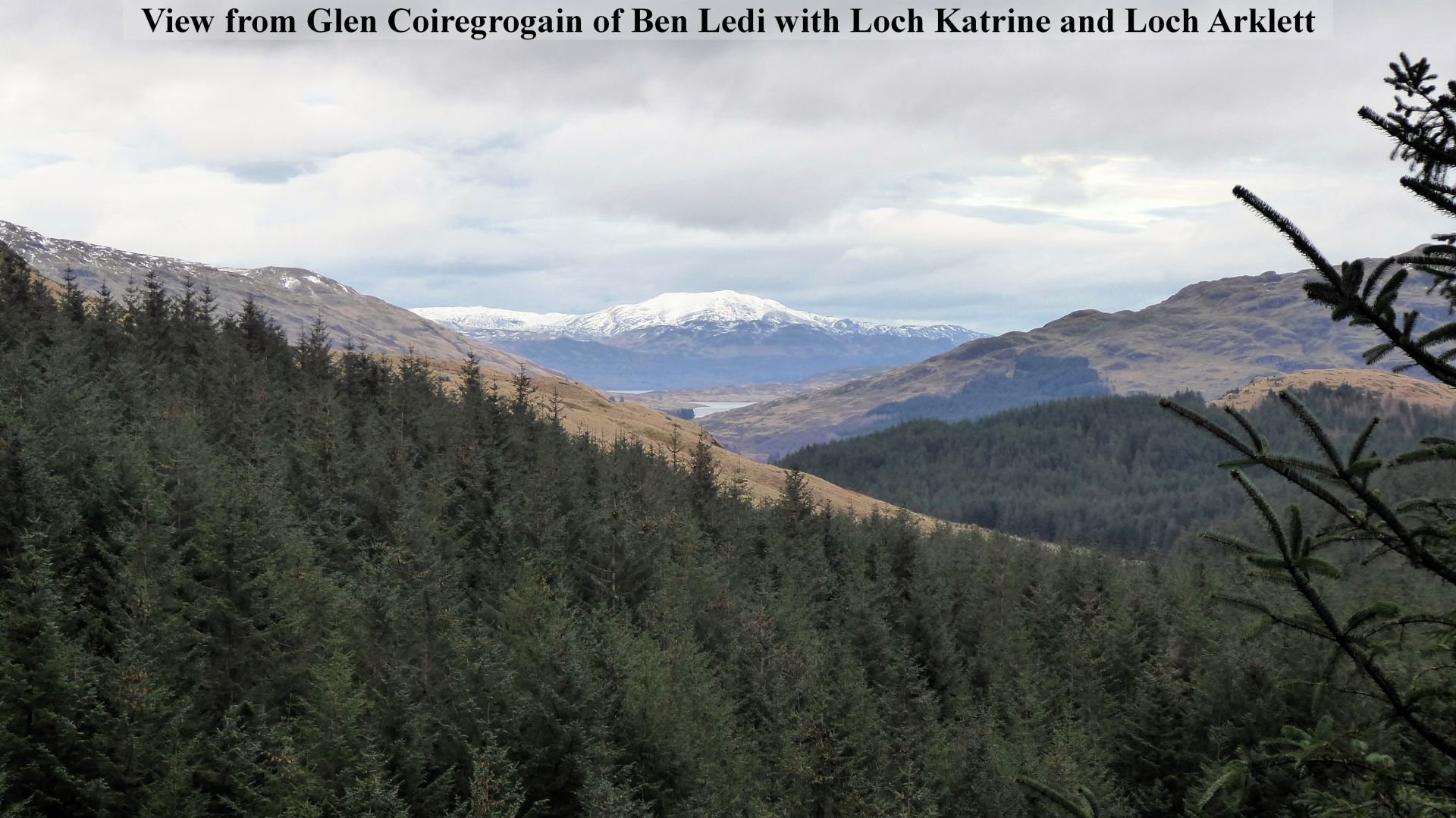 View of Ben Ledi with Loch Katrine and Arklett seen from Glen Coiregrogain