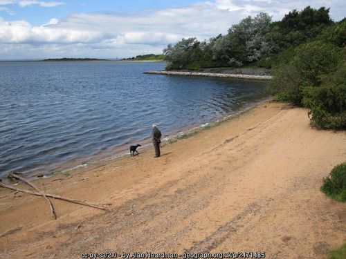 Foremark Reservoir and "beach", copyright Alan Heardman, used under Creative Commons licence v2.0.