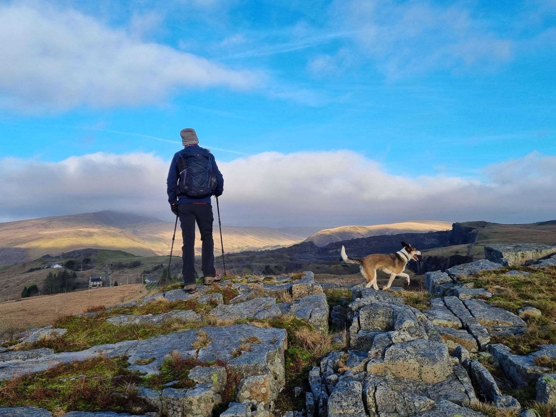 Hiker and dog taking in views from a cliff edge