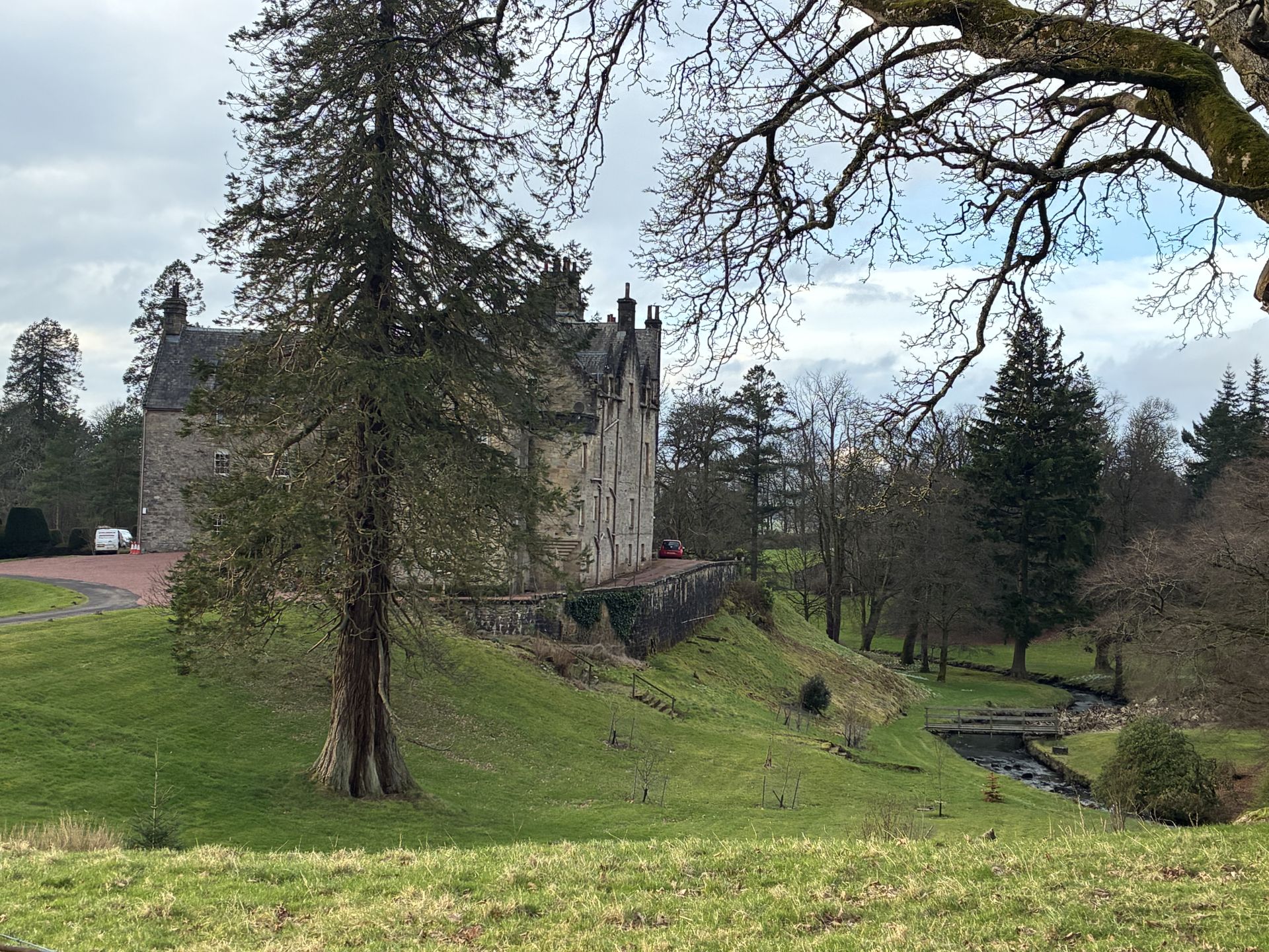 A view of Blair Castle through the trees