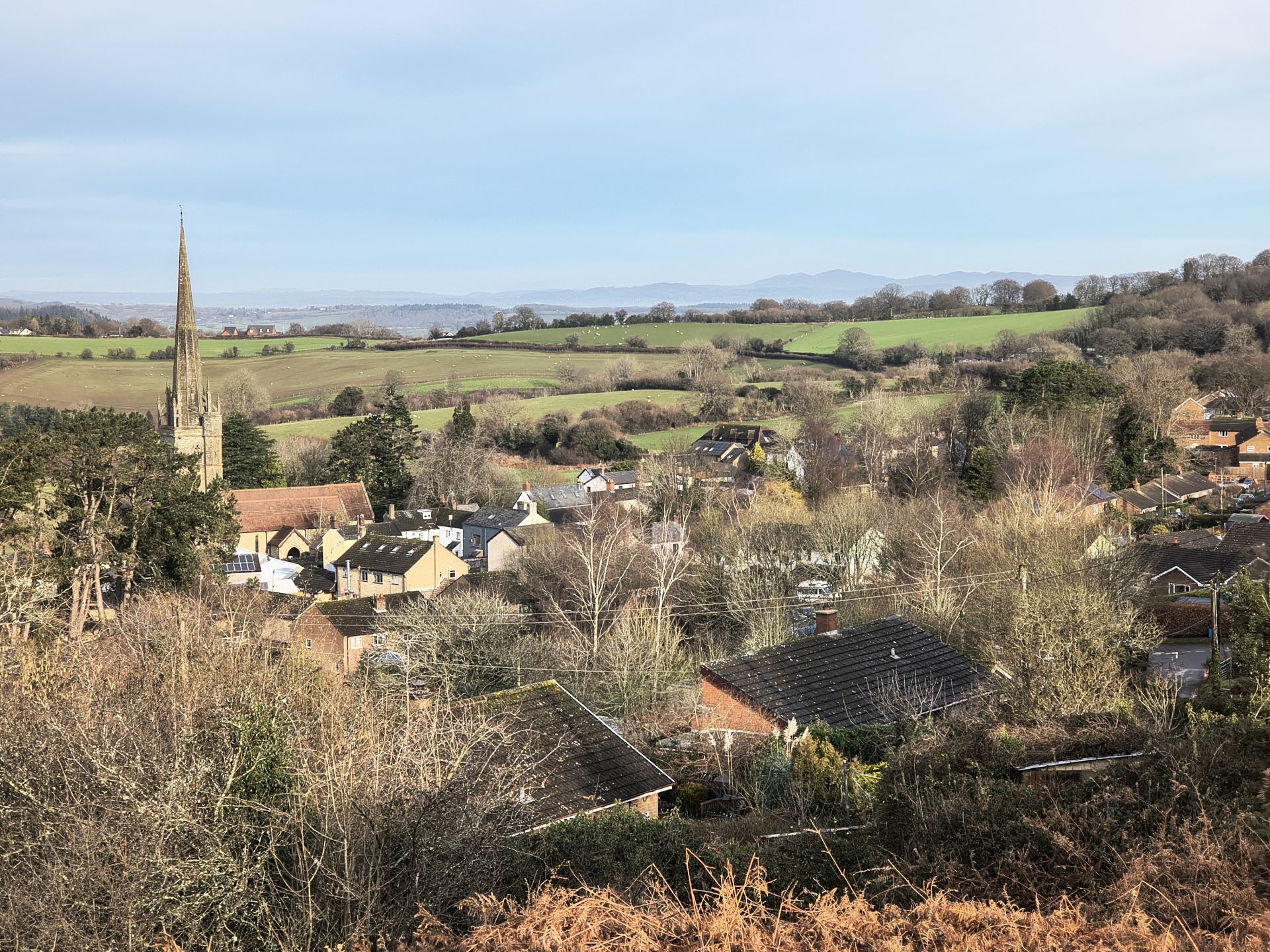 View to the Malverns over Ruardean Church