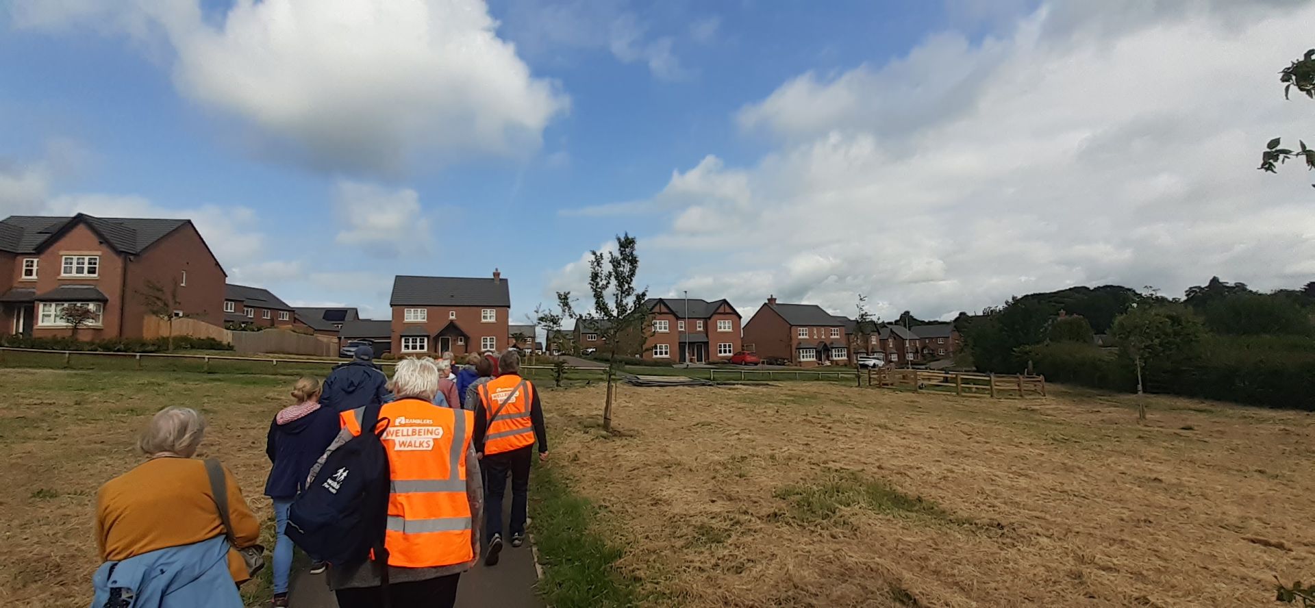A group of people walking along a paved path in a greenspace