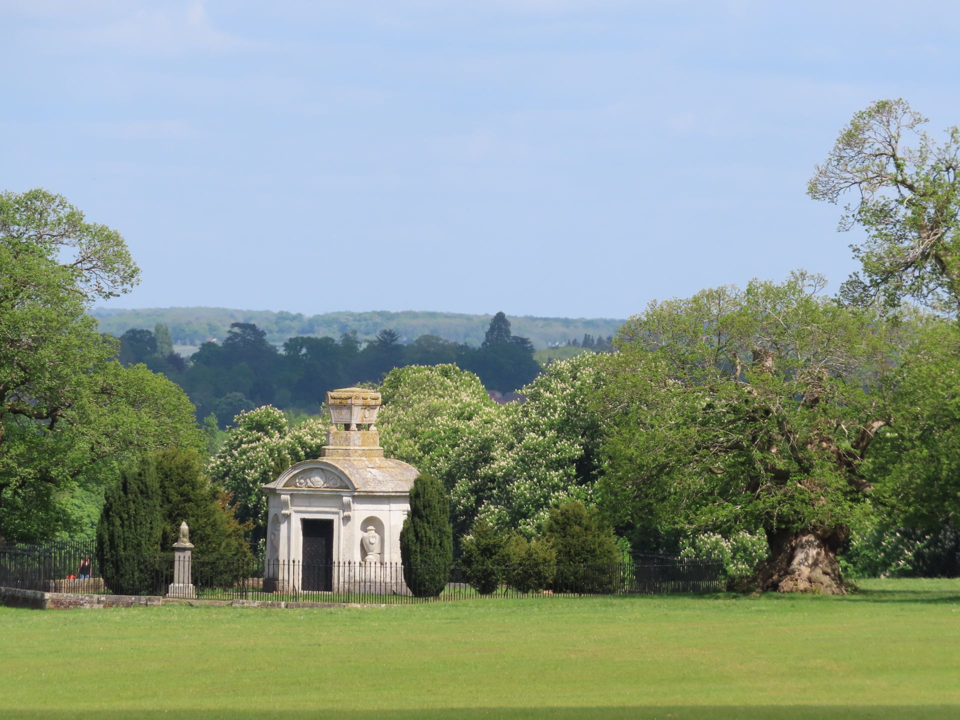 View across Knebworth Park with a folly and woodland beyond