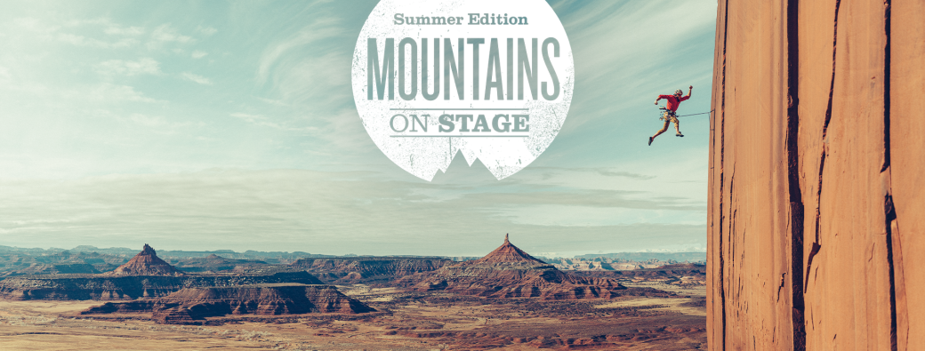 Mountains on Stage logo with person scaling an enormous cliff