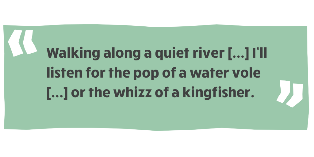 Branded green quote card graphic with the following text overlay: "Walking along a quiet river track , I’ll listen for the pop of a water vole into the water, or the wondrous whizz of a kingfisher."