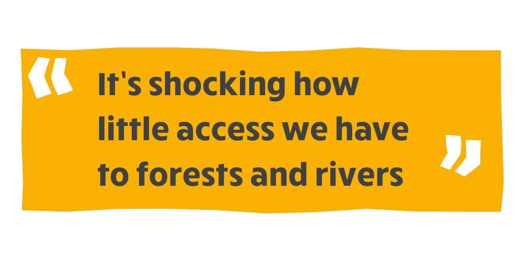 Branded orane quote card graphic with text reading: "It's shocking how little access we have to forests and rivers."