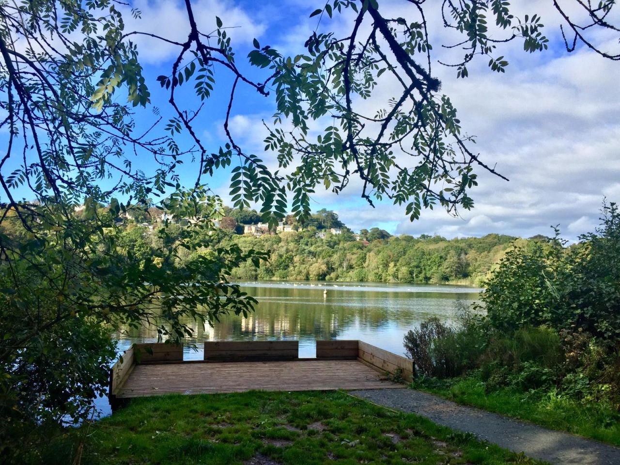 Photo of a calm lake surrounded by trees and natural landscape