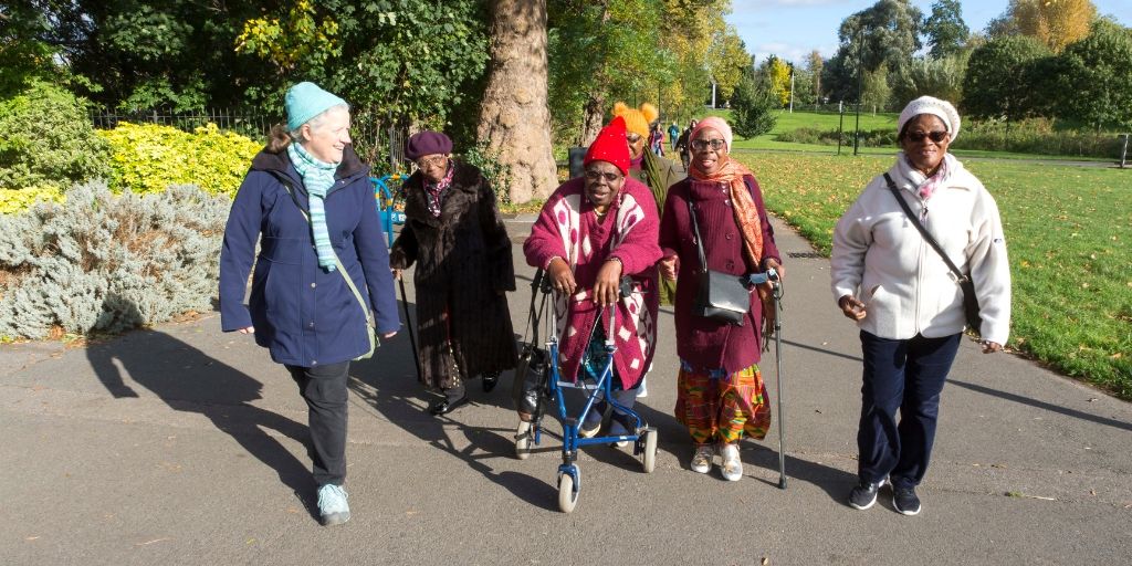 A group of ramblers on a wellbeing walk 
