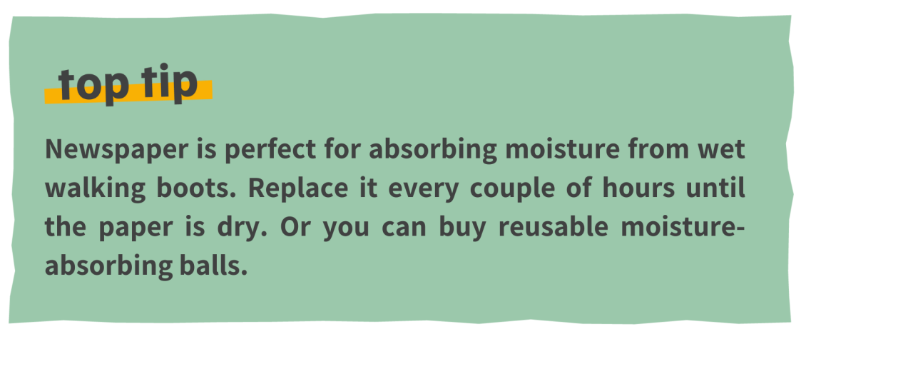 Newspaper is perfect for absorbing moisture from wet walking boots. Replace it every couple of hours until the paper is dry. Or you can buy reusable moisture-absorbing balls.  