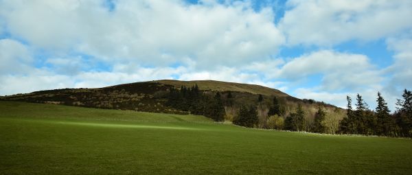 Green fields with green hills in the distance