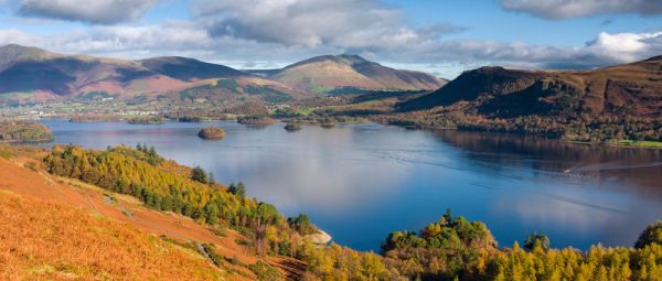 View of Derwent Water from the eastern slope of Catbells in the English Lake District National Park.