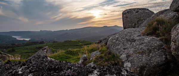 A rocky tor at sunset on Dartmoor