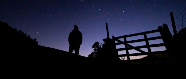 Silhouette of a person standing by a gate, at night, the night sky behind them