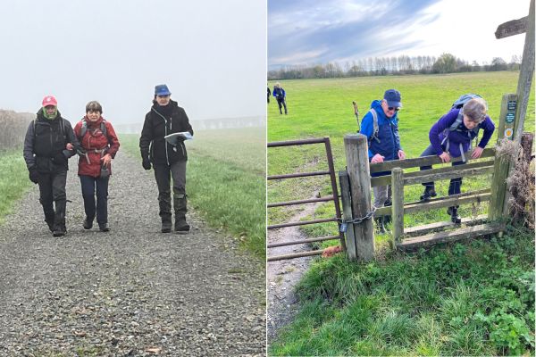 Marika, who is blind, walks with two other walkers and climbs over a stile