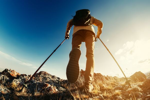 A walker with walking poles heading up rough terrain 