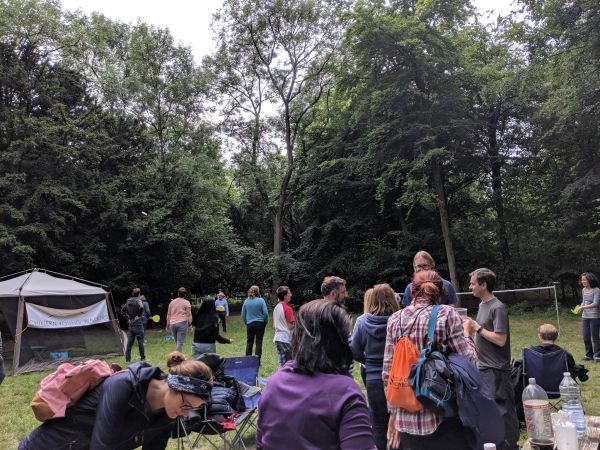 This shows  people enjoying a previous BBQ