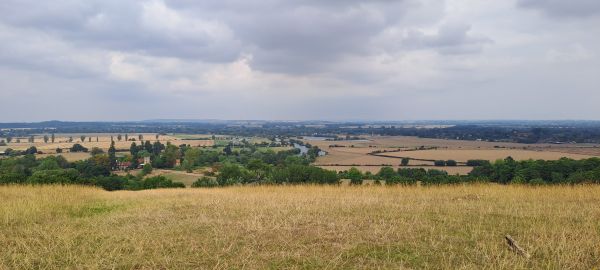 Panoramic view from Wittenham Clumps including a village and the River Thames