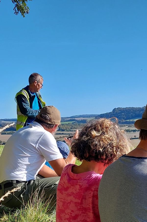 Ramblers looking at view on tea break