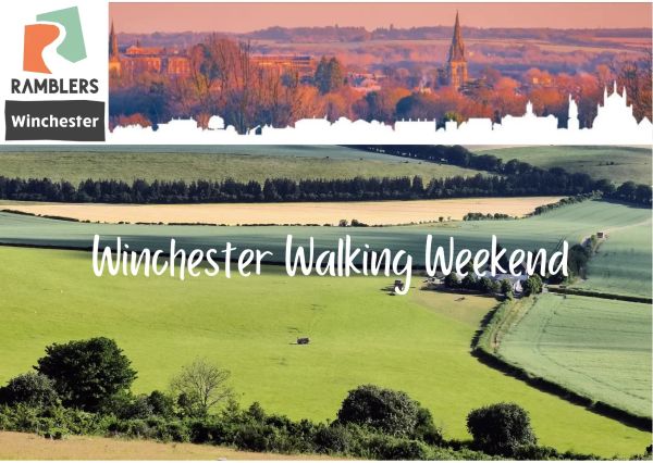 Ramblers logo, silhouette of Winchester, green fields with text 'Winchester Walking Weekend".