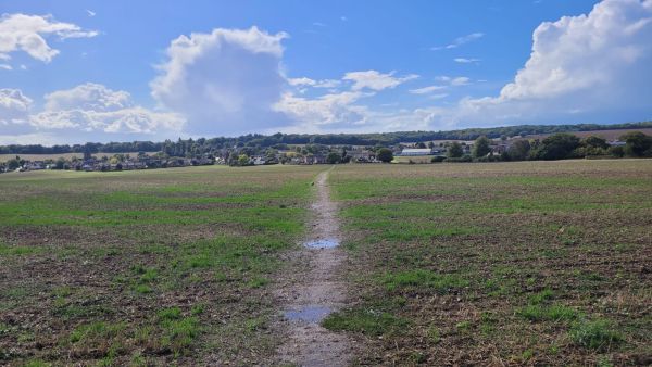 A path across a field with a view of a village beyond 