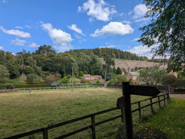 A field with a village in the distance