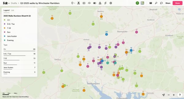 Map showing location of walks led by Winchester Ramblers in summer 2025