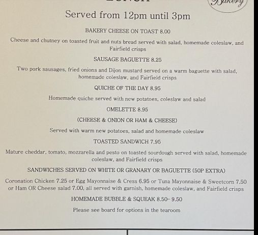 The Bakery menu