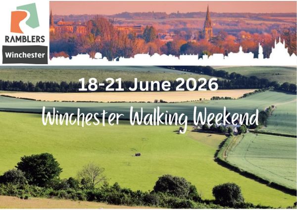 Ramblers logo, silhouette of Winchester, green fields with text '18-21 June 2026 Winchester Walking Weekend"