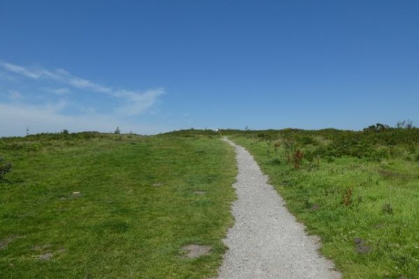 Gravel footpath bordered by grassland extending into the distance towards the viewpoint at Waun-y-Llyn Country Park, Flintshire