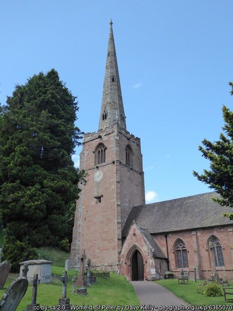 Worfield, St Peter's church, copyright Dave Kelly, used under Creative Commons licence v2.0.