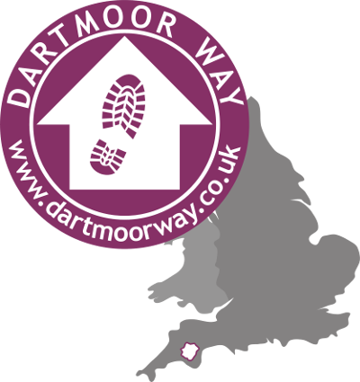 Dartmoor Way logo. "Dartmoor Way" overlaying a footprint on a map of the UK
