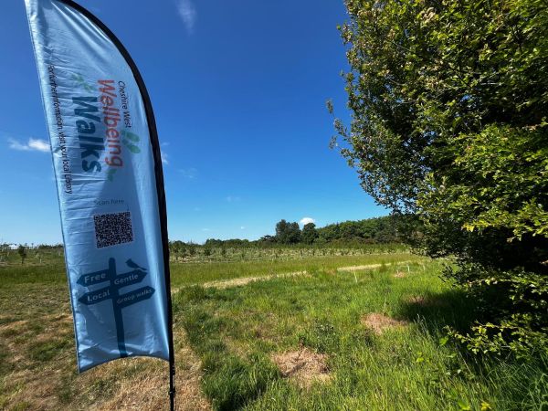 Wellbeing Walks flag banner in the foreground in a greenspace