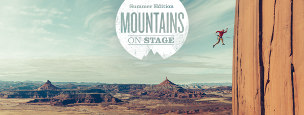 Mountains on Stage logo with person scaling an enormous cliff