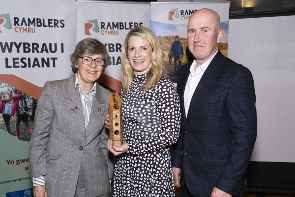 Winners of the Helping Hand award, Gwion and Sara Evans of Llanbenwch Caravan Site with Ramblers Cymru Vice President, kate Ashbrook.Gwin 