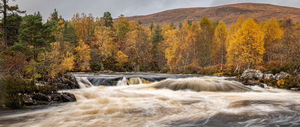 A fast flowing section of the river Garbh Uisge with the autumn colours of Glen Affric in the background