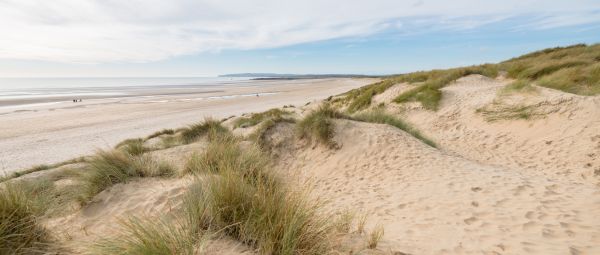 A view of the sand dunes and beach at Camber Sands, East Sussex, UK. 