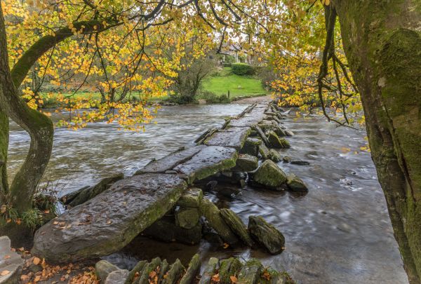 A clapper bridge, made of long thin slabs of stone, stretches out a river under autumnal trees