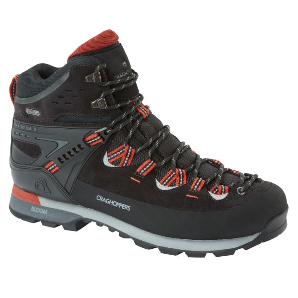 A black mid‑cut hiking boot with red accents, durable suede and synthetic panels, and metal lace hooks. The design includes red‑and‑black patterned laces, a cushioned midsole, and a rugged outsole, with Craghoppers branding on the side.