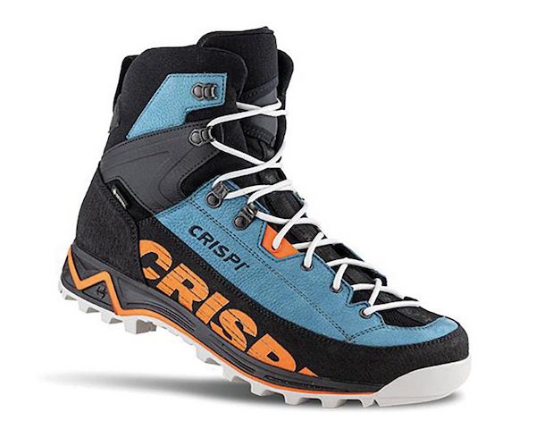 A technical mid‑cut mountaineering boot with a bright blue upper, black reinforced panels, and bold orange ‘CRISPI’ branding on the side. The design includes metal lace hooks, white laces, and a rugged outsole for high‑performance terrain.